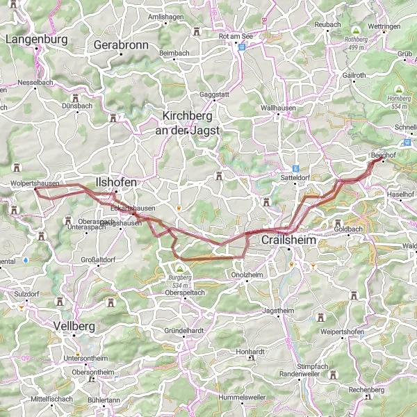 Map miniature of "Gravel Adventure through Wolpertshausen" cycling inspiration in Stuttgart, Germany. Generated by Tarmacs.app cycling route planner