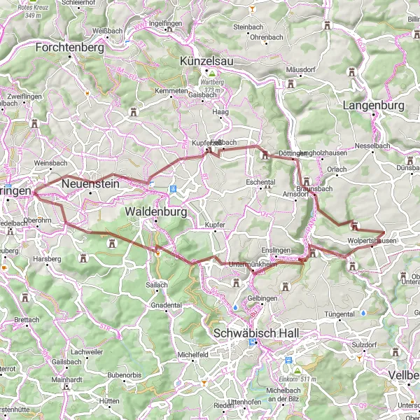 Karten-Miniaturansicht der Radinspiration "Gravel-Tour um Wolpertshausen" in Stuttgart, Germany. Erstellt vom Tarmacs.app-Routenplaner für Radtouren