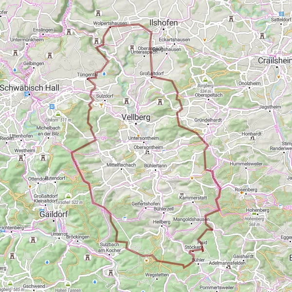 Map miniature of "Wolpertshausen Gravel Delight" cycling inspiration in Stuttgart, Germany. Generated by Tarmacs.app cycling route planner