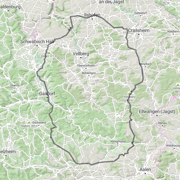 Map miniature of "Ilshofen Loop (Road)" cycling inspiration in Stuttgart, Germany. Generated by Tarmacs.app cycling route planner