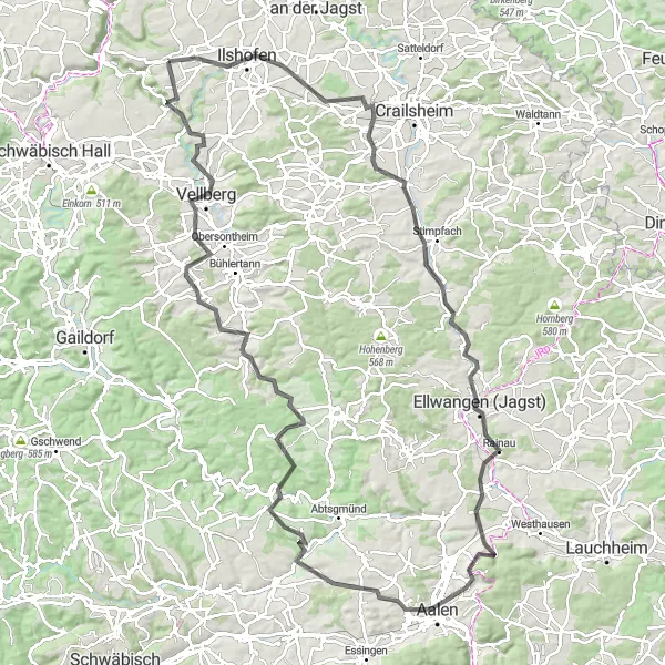 Map miniature of "Jagstheim Adventure (Road)" cycling inspiration in Stuttgart, Germany. Generated by Tarmacs.app cycling route planner