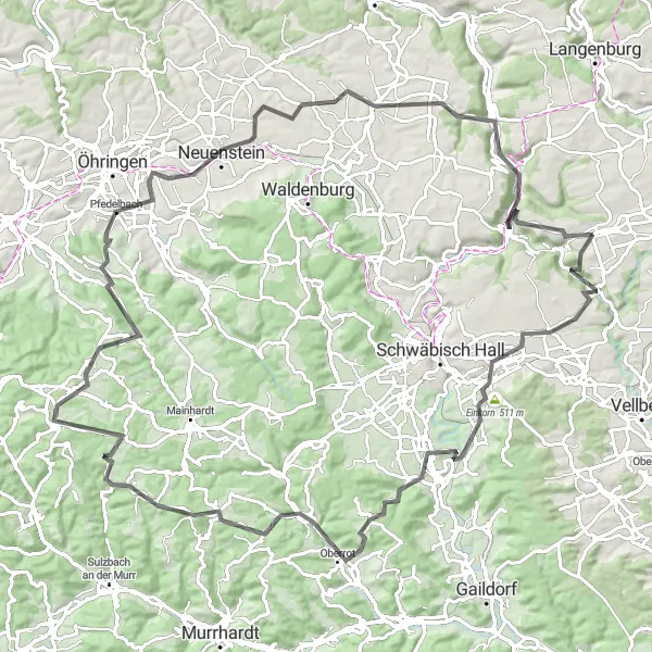 Karten-Miniaturansicht der Radinspiration "Road-Abenteuer rund um Wolpertshausen" in Stuttgart, Germany. Erstellt vom Tarmacs.app-Routenplaner für Radtouren