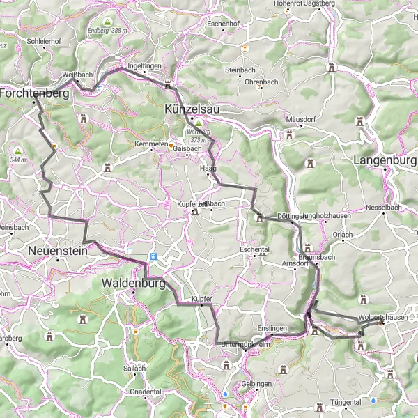Karten-Miniaturansicht der Radinspiration "Road-Tour ab Wolpertshausen" in Stuttgart, Germany. Erstellt vom Tarmacs.app-Routenplaner für Radtouren