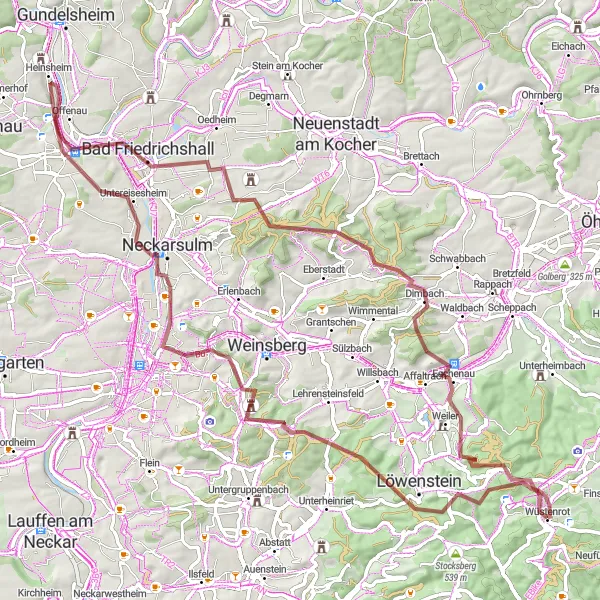 Map miniature of "The Heilbronn Loop" cycling inspiration in Stuttgart, Germany. Generated by Tarmacs.app cycling route planner