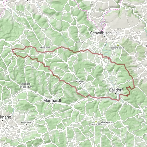 Map miniature of "Mainhardt and Burg Buchhorn Gravel Adventure" cycling inspiration in Stuttgart, Germany. Generated by Tarmacs.app cycling route planner