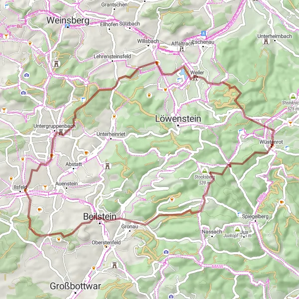 Map miniature of "Stocksberg and Schloss Weiler Gravel Loop" cycling inspiration in Stuttgart, Germany. Generated by Tarmacs.app cycling route planner