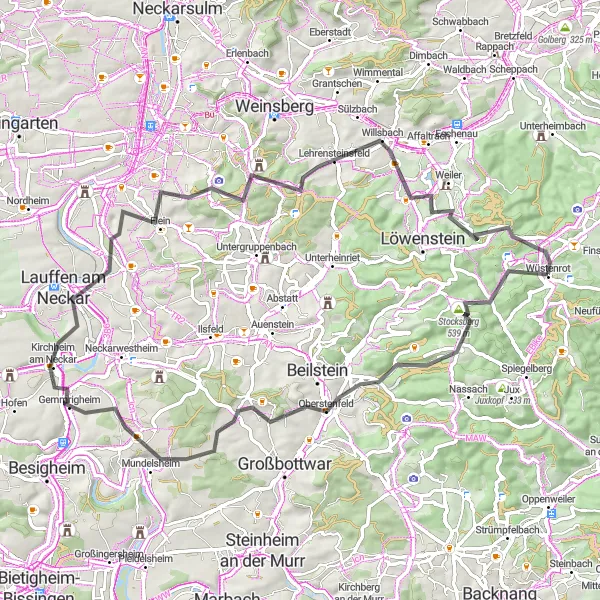 Karten-Miniaturansicht der Radinspiration "Oberstenfeld Loop" in Stuttgart, Germany. Erstellt vom Tarmacs.app-Routenplaner für Radtouren
