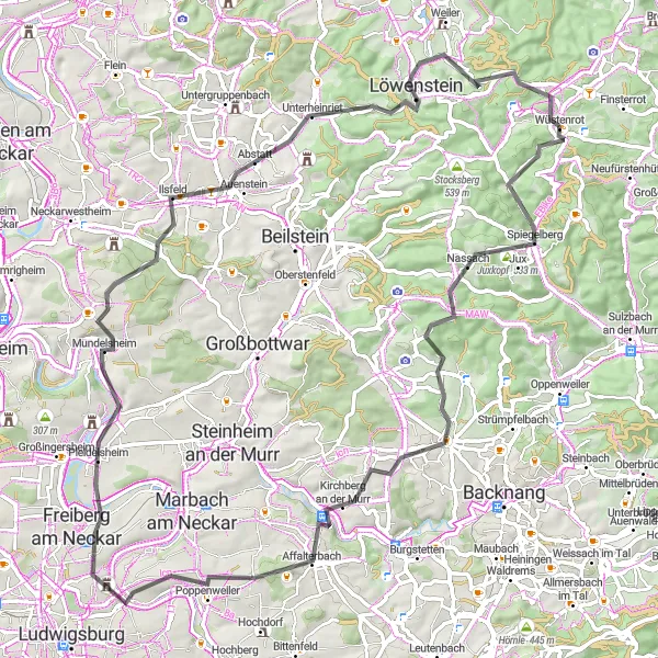 Karten-Miniaturansicht der Radinspiration "Hügellandroute durch Spiegelberg und Pleidelsheim" in Stuttgart, Germany. Erstellt vom Tarmacs.app-Routenplaner für Radtouren