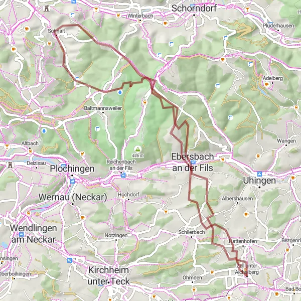 Map miniature of "Fils Valley Exploration" cycling inspiration in Stuttgart, Germany. Generated by Tarmacs.app cycling route planner