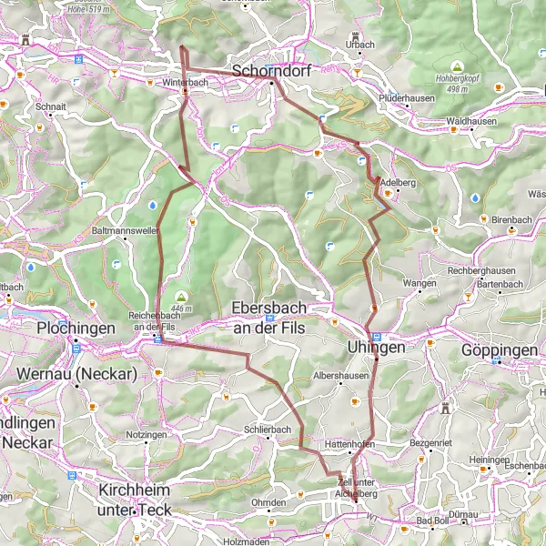 Map miniature of "Fils Valley Gravel Journey" cycling inspiration in Stuttgart, Germany. Generated by Tarmacs.app cycling route planner