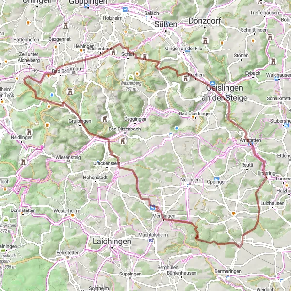 Map miniature of "The Gravel Challenge" cycling inspiration in Stuttgart, Germany. Generated by Tarmacs.app cycling route planner