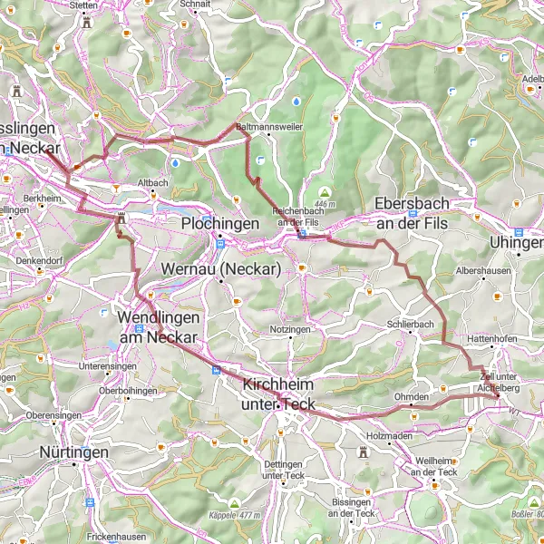 Map miniature of "Through Wendlingen am Neckar" cycling inspiration in Stuttgart, Germany. Generated by Tarmacs.app cycling route planner