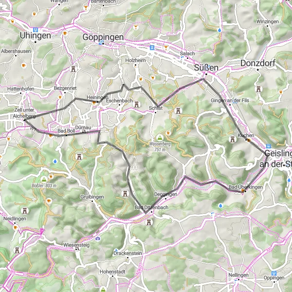 Map miniature of "Heiningen Loop" cycling inspiration in Stuttgart, Germany. Generated by Tarmacs.app cycling route planner