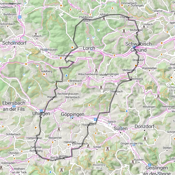 Karten-Miniaturansicht der Radinspiration "Panoramastraßen durch Eislingen/Fils und Bad Boll" in Stuttgart, Germany. Erstellt vom Tarmacs.app-Routenplaner für Radtouren