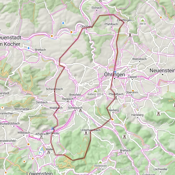 Map miniature of "The Gravel Adventure" cycling inspiration in Stuttgart, Germany. Generated by Tarmacs.app cycling route planner