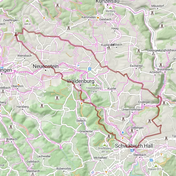 Karten-Miniaturansicht der Radinspiration "Natur- und Kulturerlebnis entlang der Schwäbisch Hall" in Stuttgart, Germany. Erstellt vom Tarmacs.app-Routenplaner für Radtouren