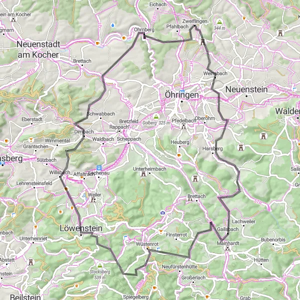 Map miniature of "Zweiflingen Loop" cycling inspiration in Stuttgart, Germany. Generated by Tarmacs.app cycling route planner