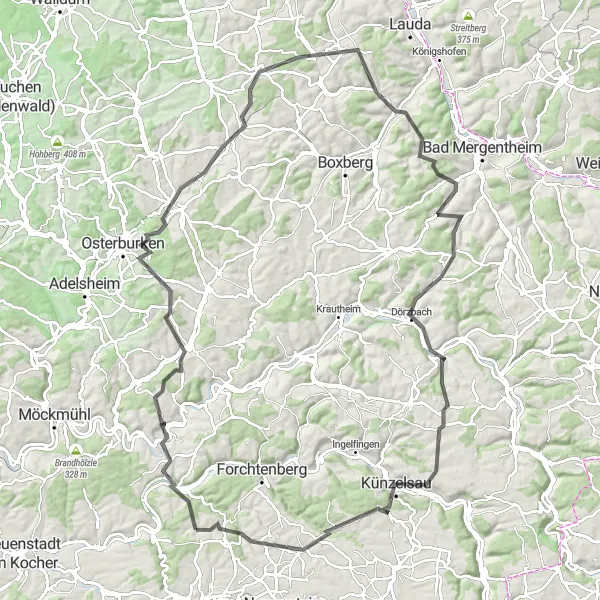 Map miniature of "The Jagst River Loop" cycling inspiration in Stuttgart, Germany. Generated by Tarmacs.app cycling route planner