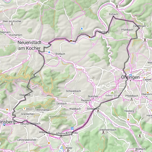 Map miniature of "Öhringen Loop" cycling inspiration in Stuttgart, Germany. Generated by Tarmacs.app cycling route planner