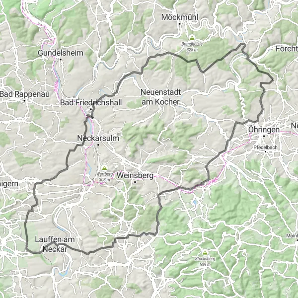 Map miniature of "Neckar Valley Ride" cycling inspiration in Stuttgart, Germany. Generated by Tarmacs.app cycling route planner