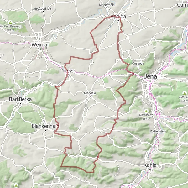 Karten-Miniaturansicht der Radinspiration "Gravel-Tour über 84 km in der Nähe von Apolda" in Thüringen, Germany. Erstellt vom Tarmacs.app-Routenplaner für Radtouren