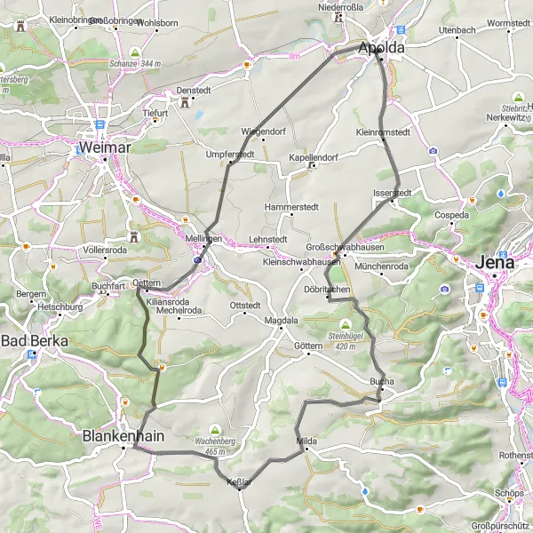 Karten-Miniaturansicht der Radinspiration "63 km lange Radrunde nahe Apolda" in Thüringen, Germany. Erstellt vom Tarmacs.app-Routenplaner für Radtouren