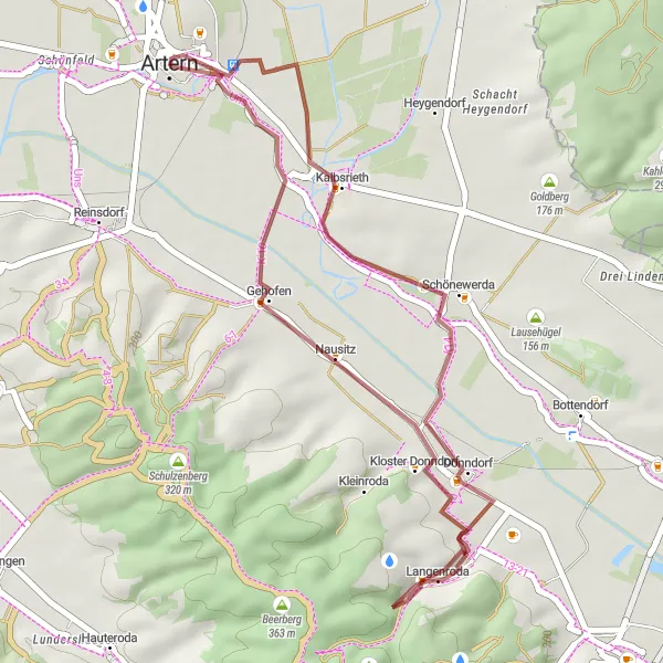 Map miniature of "Gravel Adventure through Donndorf" cycling inspiration in Thüringen, Germany. Generated by Tarmacs.app cycling route planner