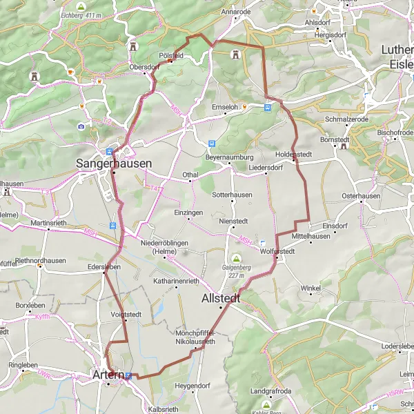 Map miniature of "Gravel Adventure through Mönchpfiffel" cycling inspiration in Thüringen, Germany. Generated by Tarmacs.app cycling route planner