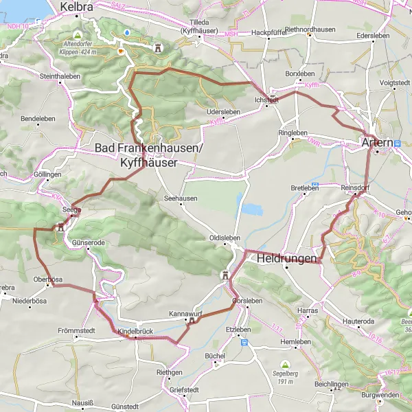 Karten-Miniaturansicht der Radinspiration "Kyffhäuser-Gravel-Tour" in Thüringen, Germany. Erstellt vom Tarmacs.app-Routenplaner für Radtouren