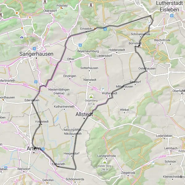 Map miniature of "Oberröblingen and Kalbsrieth Road Cycling Adventure" cycling inspiration in Thüringen, Germany. Generated by Tarmacs.app cycling route planner