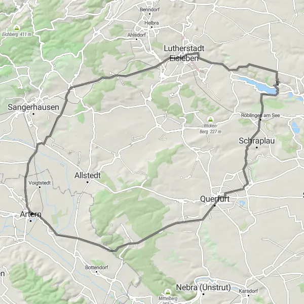 Map miniature of "Riestedt and Ziegelroda Road Cycling Adventure" cycling inspiration in Thüringen, Germany. Generated by Tarmacs.app cycling route planner