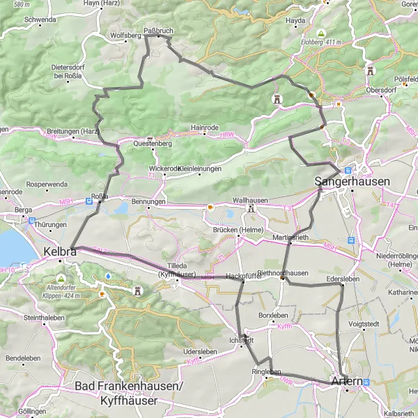 Map miniature of "Artern and Jüngkens Aussichtsturm Road Cycling Challenge" cycling inspiration in Thüringen, Germany. Generated by Tarmacs.app cycling route planner