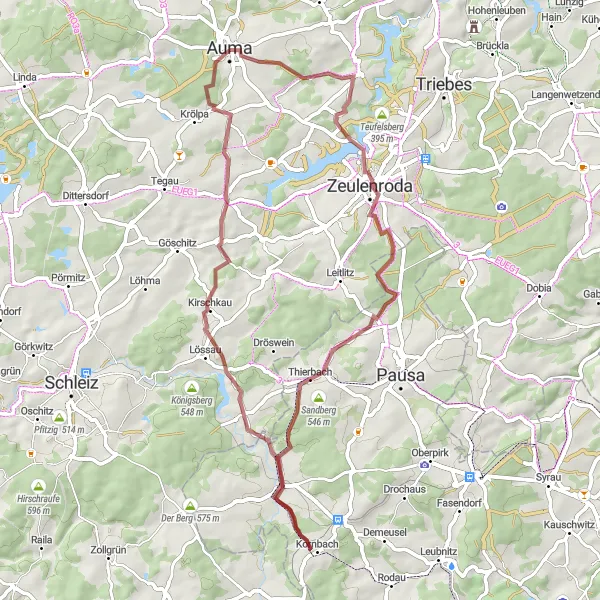 Karten-Miniaturansicht der Radinspiration "Erlebnisreiche Fahrt um Auma" in Thüringen, Germany. Erstellt vom Tarmacs.app-Routenplaner für Radtouren