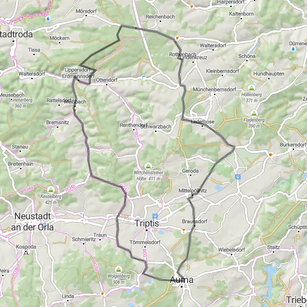 Karten-Miniaturansicht der Radinspiration "Panorama-Tour um Zwackau" in Thüringen, Germany. Erstellt vom Tarmacs.app-Routenplaner für Radtouren