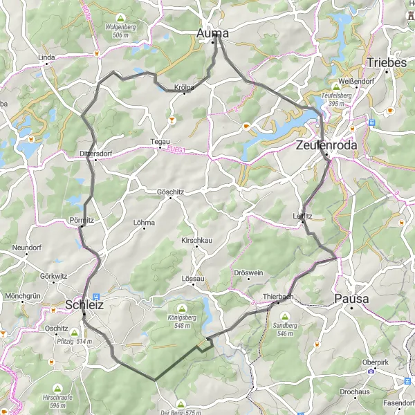 Karten-Miniaturansicht der Radinspiration "Rund um Quingenberg" in Thüringen, Germany. Erstellt vom Tarmacs.app-Routenplaner für Radtouren