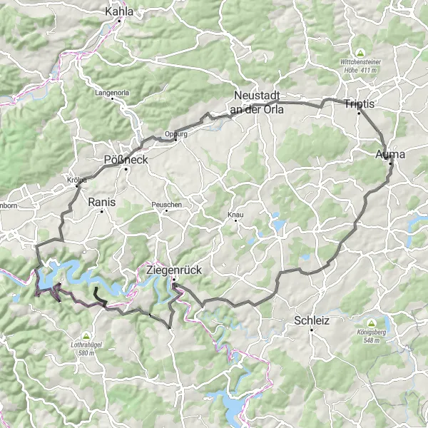 Karten-Miniaturansicht der Radinspiration "Herausfordernde Tour durch Thüringen" in Thüringen, Germany. Erstellt vom Tarmacs.app-Routenplaner für Radtouren