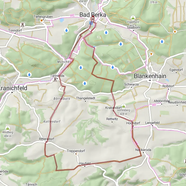 Karten-Miniaturansicht der Radinspiration "Erkundung des Böttelborner Bergs" in Thüringen, Germany. Erstellt vom Tarmacs.app-Routenplaner für Radtouren