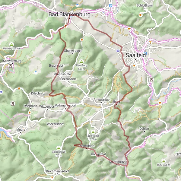 Map miniature of "Sandberg - Marktgölitz Gravel Route" cycling inspiration in Thüringen, Germany. Generated by Tarmacs.app cycling route planner