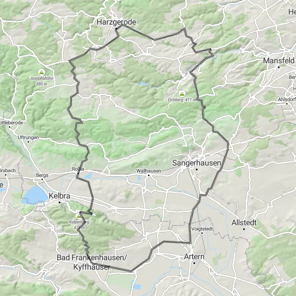 Map miniature of "Thrilling Hill Climbs" cycling inspiration in Thüringen, Germany. Generated by Tarmacs.app cycling route planner