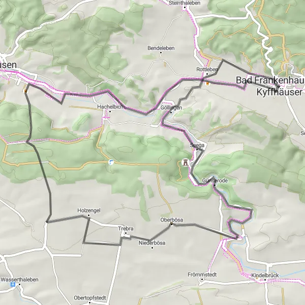 Karten-Miniaturansicht der Radinspiration "Hügelige Straßen rund um Bad Frankenhausen" in Thüringen, Germany. Erstellt vom Tarmacs.app-Routenplaner für Radtouren