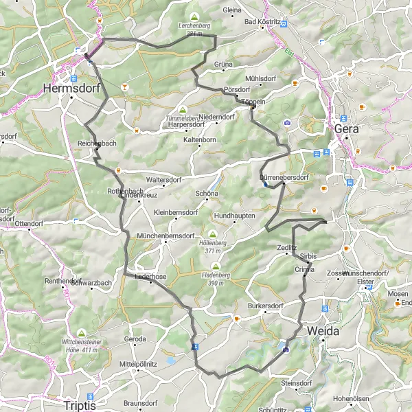 Map miniature of "Scenic Road Loop" cycling inspiration in Thüringen, Germany. Generated by Tarmacs.app cycling route planner