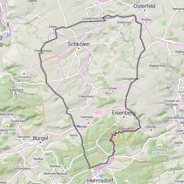 Map miniature of "Charming Countryside Ride" cycling inspiration in Thüringen, Germany. Generated by Tarmacs.app cycling route planner