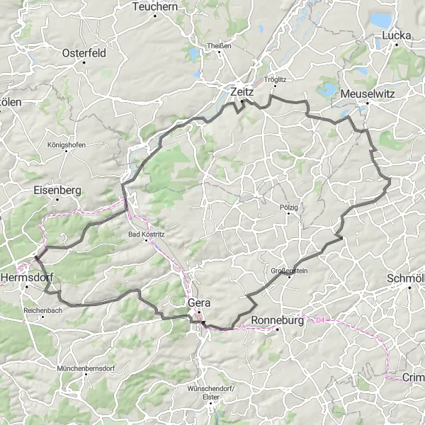 Map miniature of "Scenic Road Century" cycling inspiration in Thüringen, Germany. Generated by Tarmacs.app cycling route planner