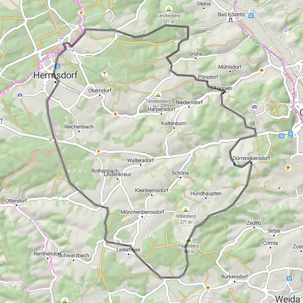 Karten-Miniaturansicht der Radinspiration "Kurze Roadtour durch Rüdersdorf und Tautendorf" in Thüringen, Germany. Erstellt vom Tarmacs.app-Routenplaner für Radtouren