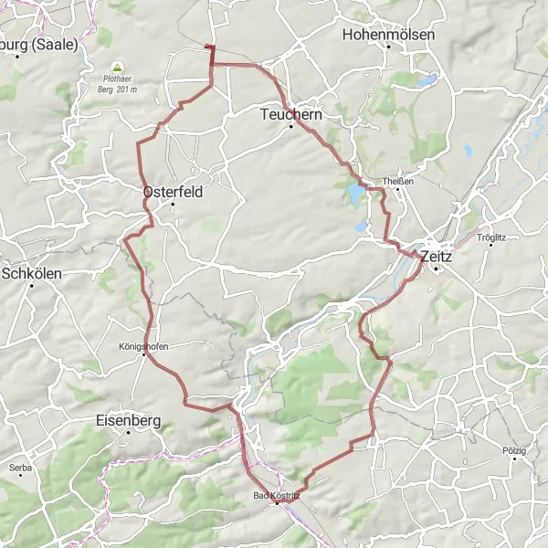 Karten-Miniaturansicht der Radinspiration "Eine abwechslungsreiche Gravelbike-Tour in die Umgebung von Bad Köstritz" in Thüringen, Germany. Erstellt vom Tarmacs.app-Routenplaner für Radtouren