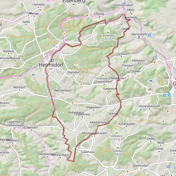 Map miniature of "Gravel Adventure around Bad Köstritz" cycling inspiration in Thüringen, Germany. Generated by Tarmacs.app cycling route planner