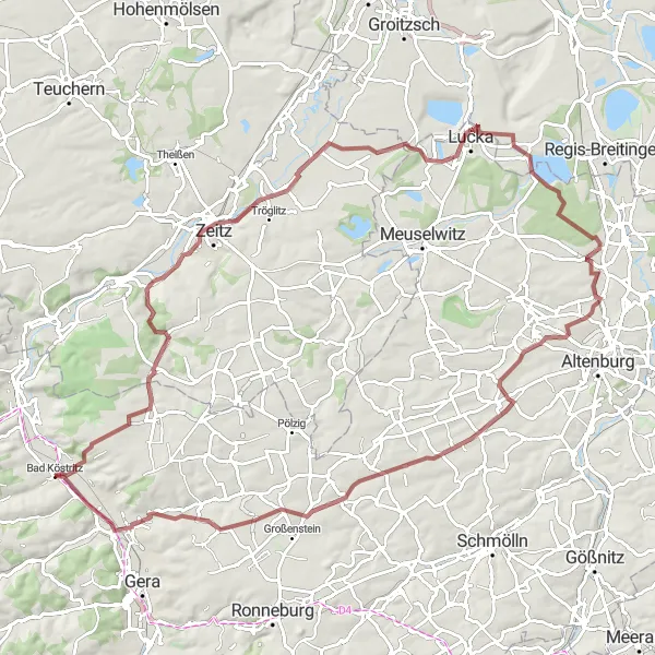 Karten-Miniaturansicht der Radinspiration "Durch malerische Landschaften - Eine abwechslungsreiche Gravelbike-Tour in der Nähe von Bad Köstritz" in Thüringen, Germany. Erstellt vom Tarmacs.app-Routenplaner für Radtouren