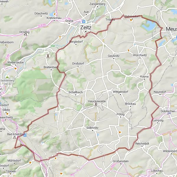 Map miniature of "Through the Gravel Alleys of Thüringen" cycling inspiration in Thüringen, Germany. Generated by Tarmacs.app cycling route planner