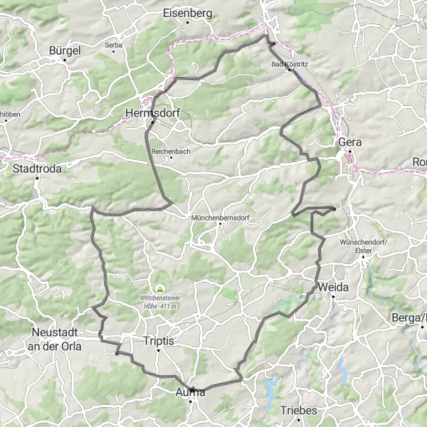 Map miniature of "The Hilltop Challenge" cycling inspiration in Thüringen, Germany. Generated by Tarmacs.app cycling route planner