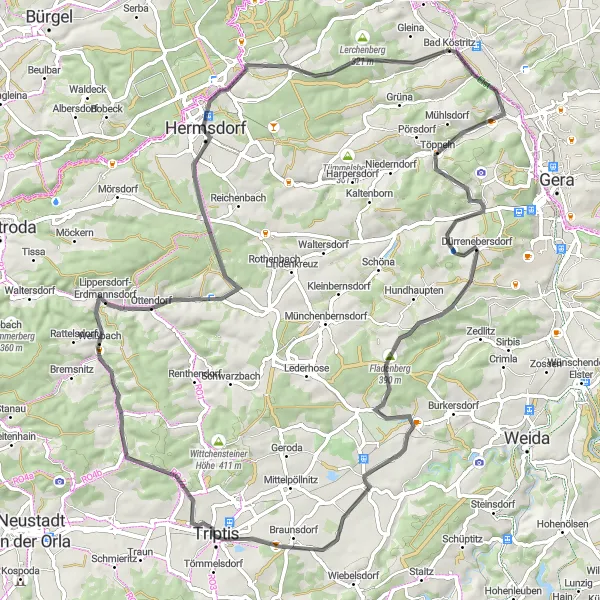 Map miniature of "Scenic Road Cycling near Bad Köstritz" cycling inspiration in Thüringen, Germany. Generated by Tarmacs.app cycling route planner